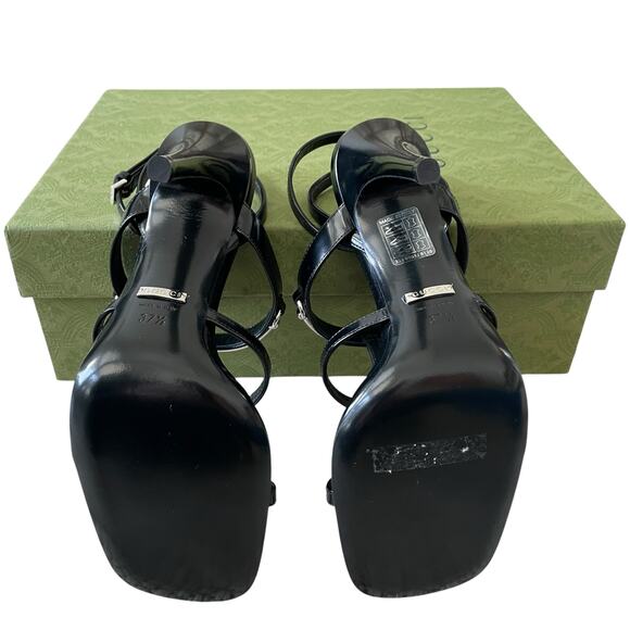 GUCCI Women's Horsebit Caged T Strap High Heel Sandals Black Silver 37.5 US 7.5 - Picture 9 of 16